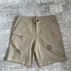 American Eagle Flex 32 waist Shorts Men’s destroyed nicking holes tan zip fly